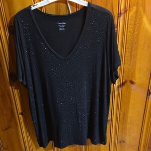 Calvin Klein Black Liquid Jersey Sparkle V-Neck Tee